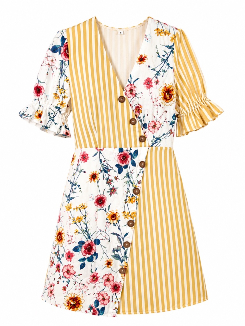 Boho Patchwork Floral Stripe Dress Small Cottagecore Button Front Summer Dress